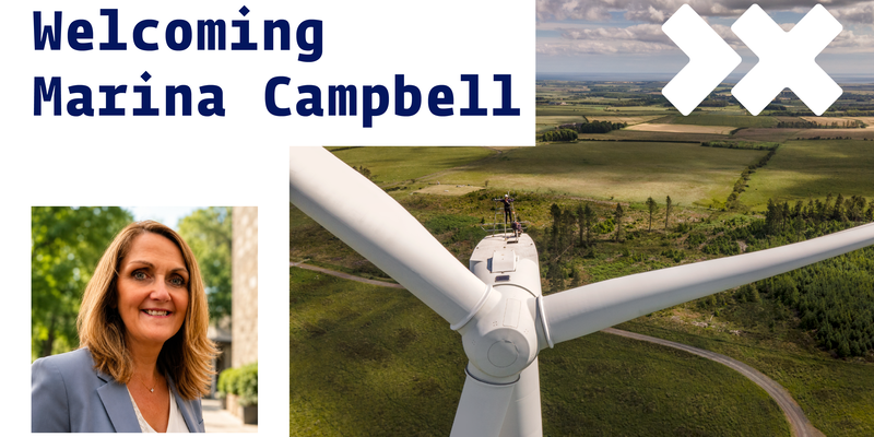 Marina Campbell welcome poster with onshore wind turbine